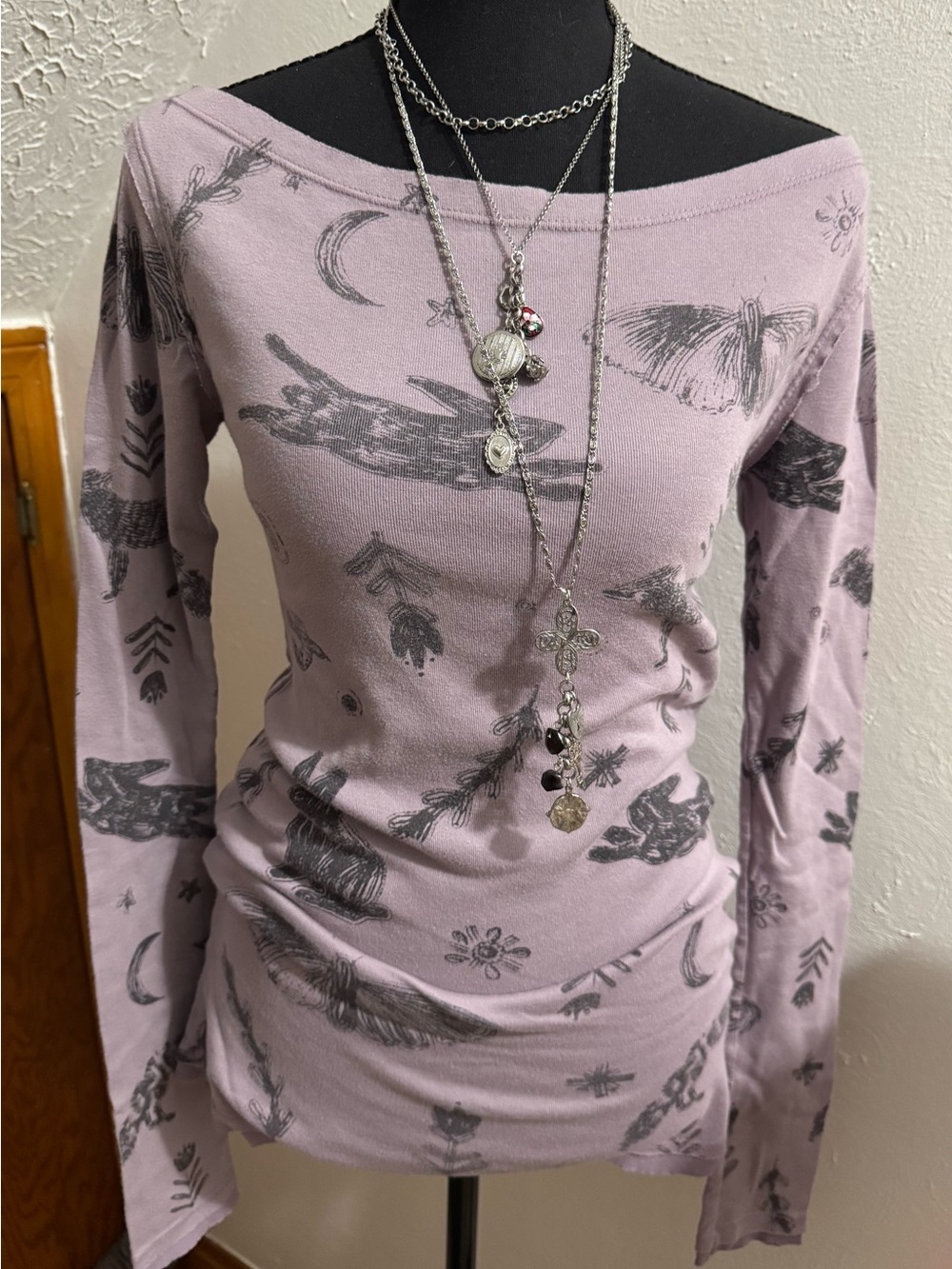 Free People Lilac Long Sleeve Printed Boatneck Top